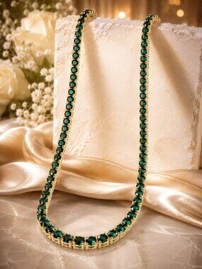 Glamorous Simulated Emerald Diamondette18K Gold Plated Tennis Necklace 18"